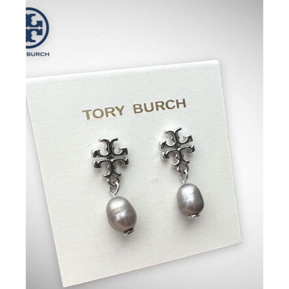 New Tory Burch Logo Pearl Drop Earrings Britten Silver Tone